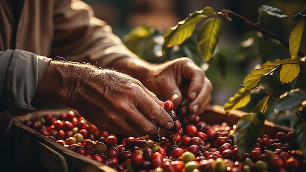 Foto en primer plano de las manos de los agricultores procesando granos de café de primera calidad con una canasta