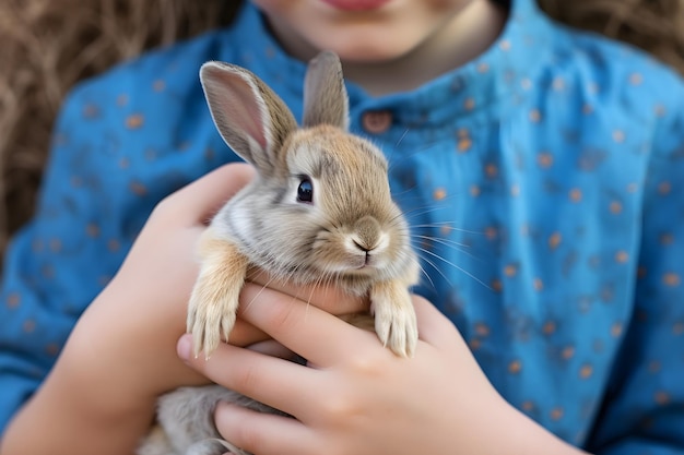 foto en primer plano de las manos de los niños sosteniendo el conejo de Pascua