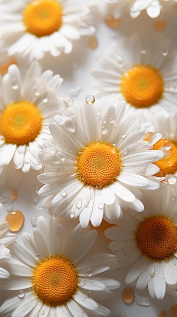 Foto en primer plano de margaritas blancas con centros amarillos flotando en el agua con gotas en sus pétalos