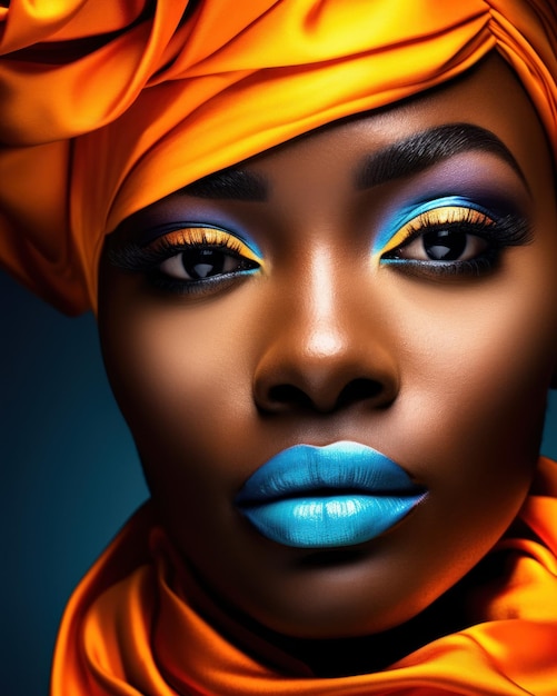 Foto en primer plano de una modelo africana con mucho maquillaje