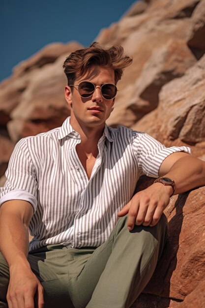 Una foto de primer plano del modelo masculino con la camisa blanca a rayas y las gafas de sol marrones