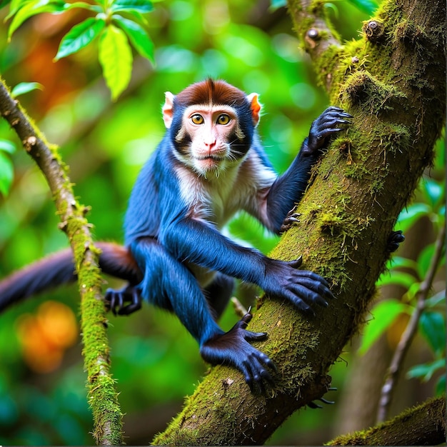 Foto de primer plano de un mono en una rama de árbol generada por la IA