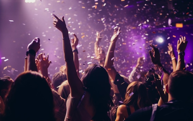 Foto en primer plano de muchas personas de la fiesta bailando luces púrpuras confeti volando por todas partes evento de club nocturno