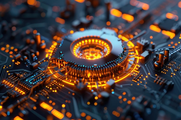 Esta foto de primer plano muestra los detalles intrincados de una placa de circuitos de computadora componentes a nanoescala de un dispositivo tecnológico futuro AI Generado
