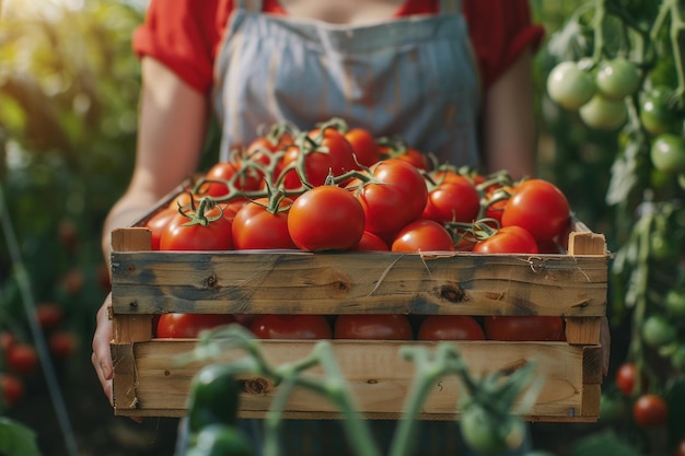 Foto foto en primer plano de una mujer con una camisa roja sosteniendo una caja de madera llena de tomates maduros con un hermoso jardín de tomates en el fondo