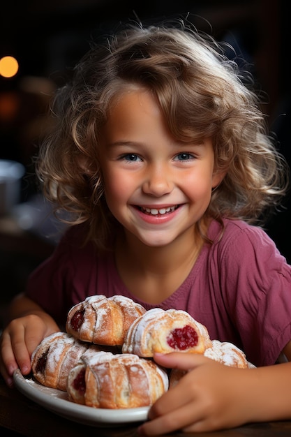 Una foto de primer plano de una niña comiendo pan con mermelada de frambuesa