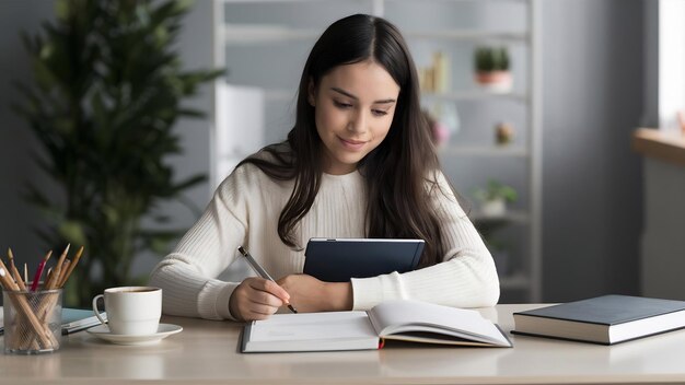 Foto foto en primer plano de una niña estudiando con libros de texto para tabletas y una taza de café en el escritorio de una casa acogedora