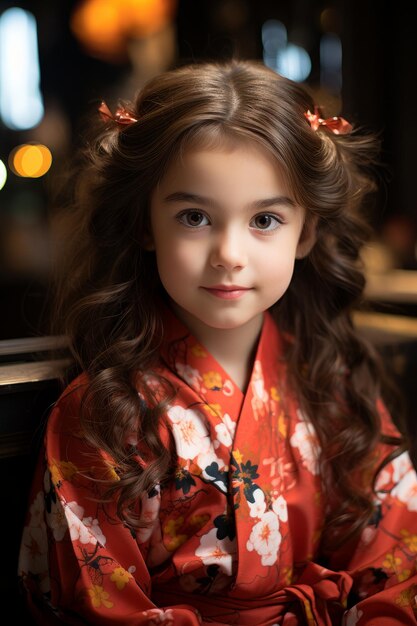 Una foto de primer plano de una niña sentada en un kimono rojo mirando a la cámara