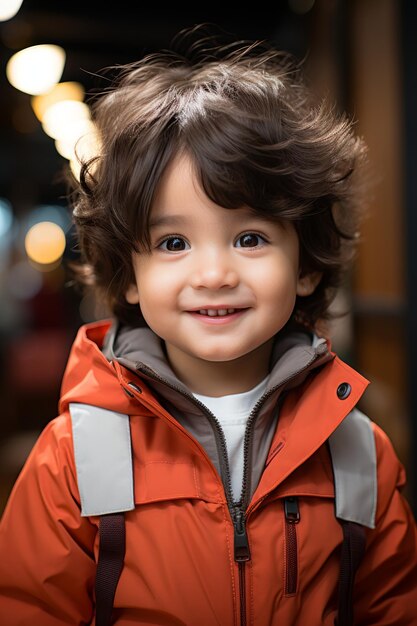 Una foto de primer plano de un niño en mameluco rojo con cara sonriente en blanco