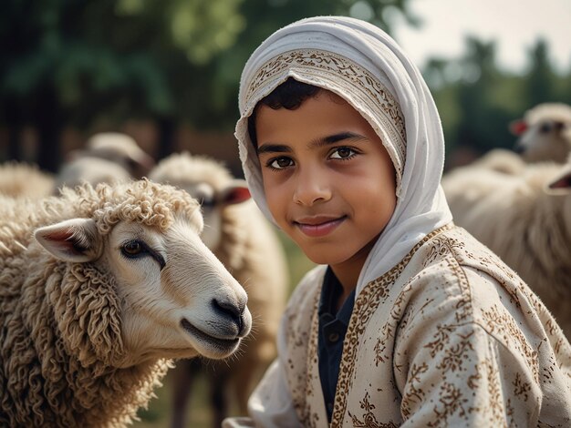 Foto en primer plano Un niño musulmán con una oveja concepto de Eid alAdha