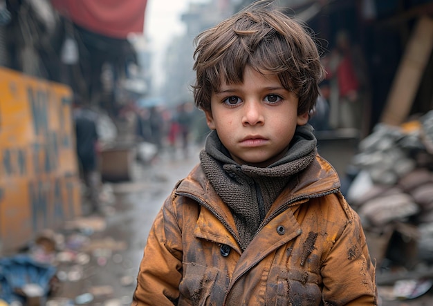 foto en primer plano de un niño con ropa rasgada