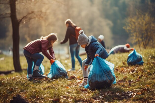 Foto en primer plano de niños recogiendo basura en el parque para el Día de la Tierra