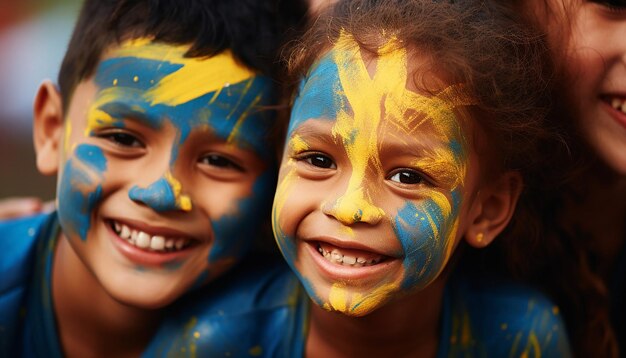 Foto en primer plano de niños sonriendo con sus rostros pintados con el color de la bandera de Australia
