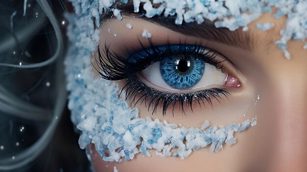 Foto en primer plano del ojo azul de la mujer y el maquillaje de invierno con nieve alrededor de las pestañas y las cejas