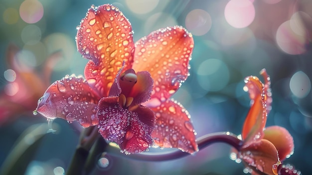 Foto en primer plano de una orquídea rosa con gotas de agua en sus pétalos