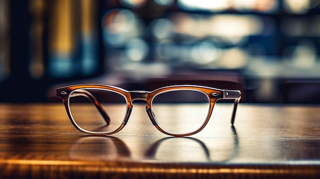 Una foto con un primer plano de un par de gafas en una mesa que hace hincapié en la lente y el marco de