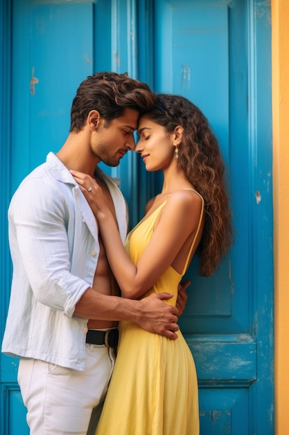 Una foto en primer plano de una pareja abrazándose frente a una pared con puertas azules