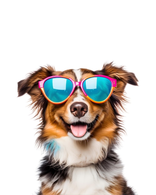 Foto en primer plano de un perro feliz con gafas de aspecto atractivo aisladas sobre un fondo transparente