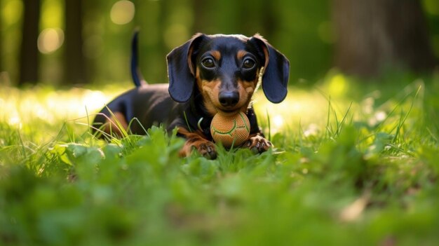 Una foto en primer plano de un perro con sus juguetes