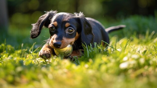 Una foto en primer plano de un perro con sus juguetes