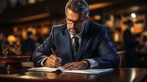 Foto de primer plano de una persona escribiendo en un libro con un mazo sobre la mesa