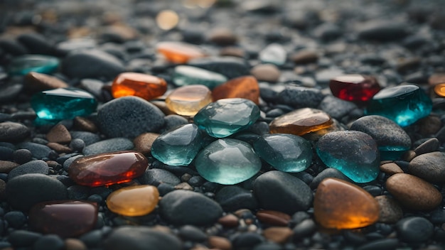 Foto de un primer plano de piedra multicolor en la playa del mar