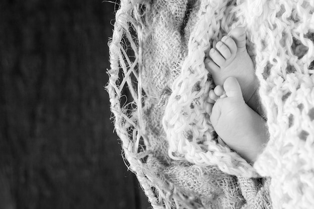Foto foto de primer plano de los pies del bebé recién nacido en cuadros de punto