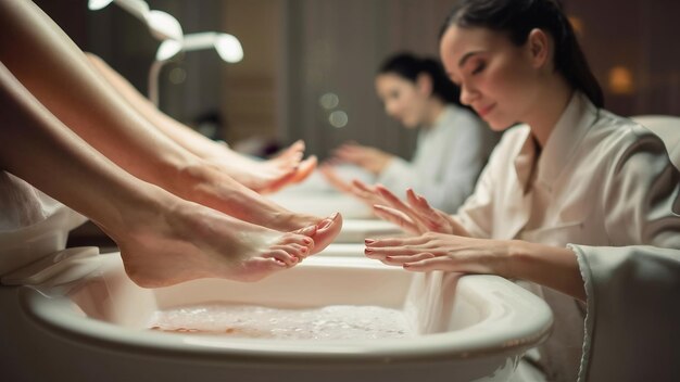 Foto en primer plano de los pies de una mujer en un salón de spa en el procedimiento de pedicura y manicura imagen de enfoque suave