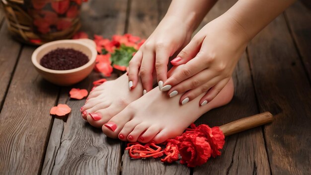 Foto foto en primer plano de los pies de una mujer en un salón de spa en un procedimiento de pedicura