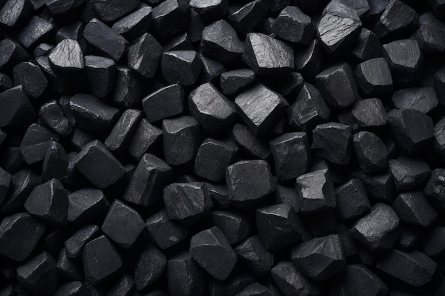 Foto en primer plano de una pila de trozos de carbón negro