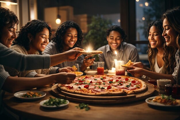 Foto de primer plano de pizza caliente sobre una mesa en el fondo de un grupo o compañía de amigos