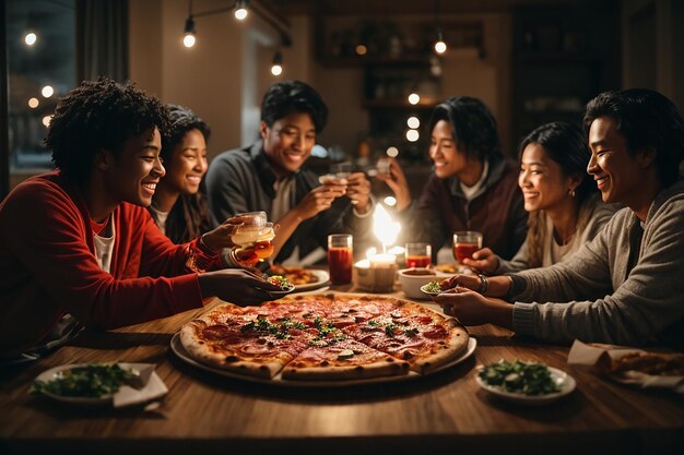 Foto de primer plano de pizza caliente sobre una mesa en el fondo de un grupo o compañía de amigos