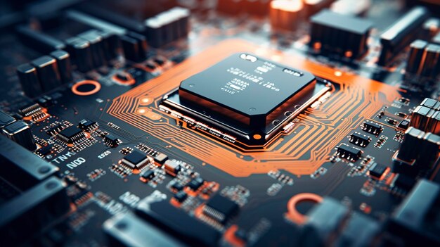 Una foto con un primer plano de una placa base de una computadora con un enfoque en los circuitos intrincados