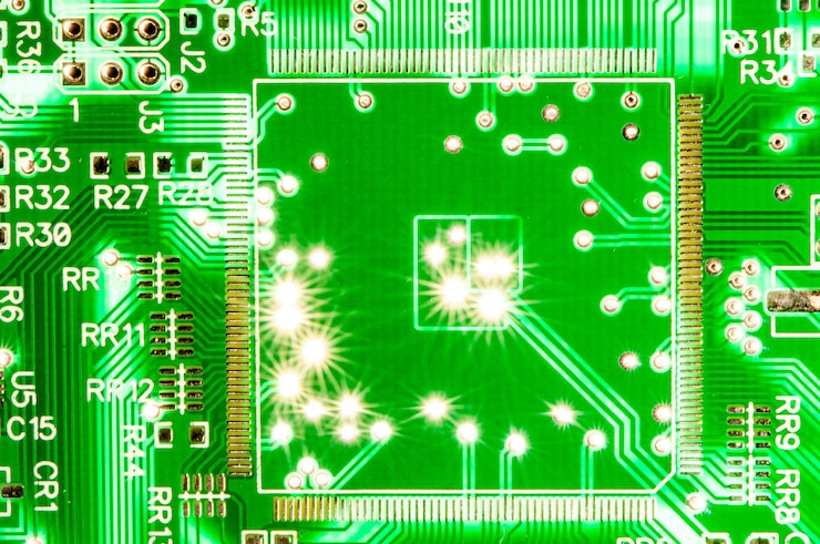 Foto foto de primer plano de la placa de circuito impreso pcb eléctrica con flash de luz detrás