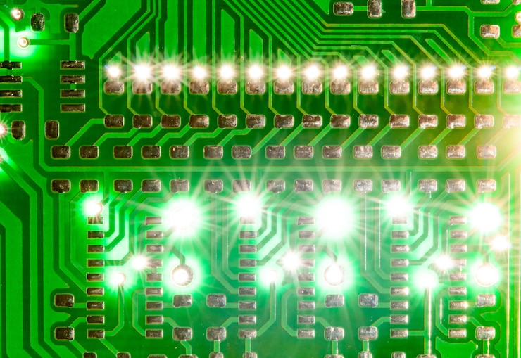 Foto foto de primer plano de la placa de circuito impreso pcb eléctrica con flash de luz detrás