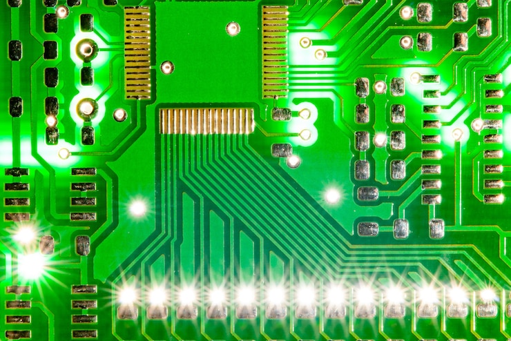 Foto foto de primer plano de la placa de circuito impreso pcb eléctrica con flash de luz detrás