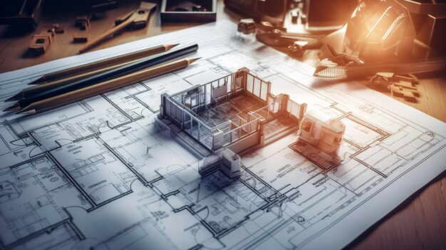 Foto una foto de un primer plano de los planes arquitectónicos y el boceto