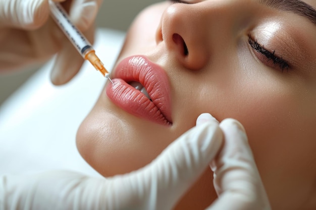 Foto en primer plano de un procedimiento cosmético de inyección en los labios de una joven liposucción de estiramiento facial de aumento de labios