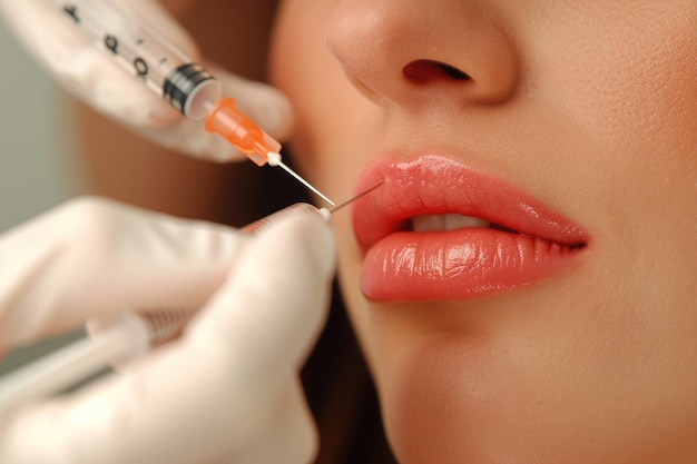 Foto en primer plano de un procedimiento cosmético de inyección en los labios de una joven liposucción de estiramiento facial de aumento de labios