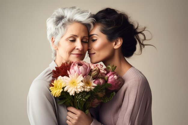 Foto de primer plano que captura la alegre conexión entre una hija y su madre expresada a través de un abrazo sincero y un ramo de flores