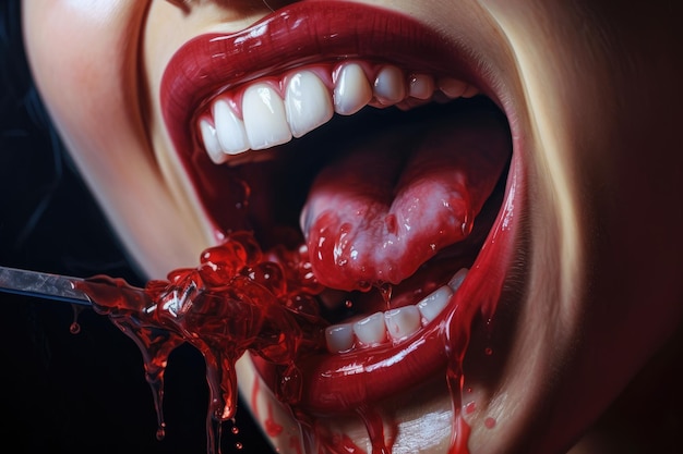 Foto una foto de primer plano que captura a una persona con sangre visiblemente goteando de su boca mujer con hemorragia de encías durante el cepillado de dientes problema de cepillo de dientes duro generado por ia