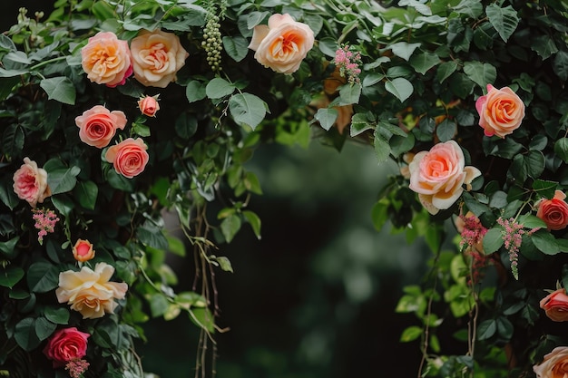 Una foto en primer plano que muestra un ramo vibrante de flores que florecen en un arbusto en todos los tonos y colores diferentes bodas de jardín con varios tipos de rosas y hiedra AI generada