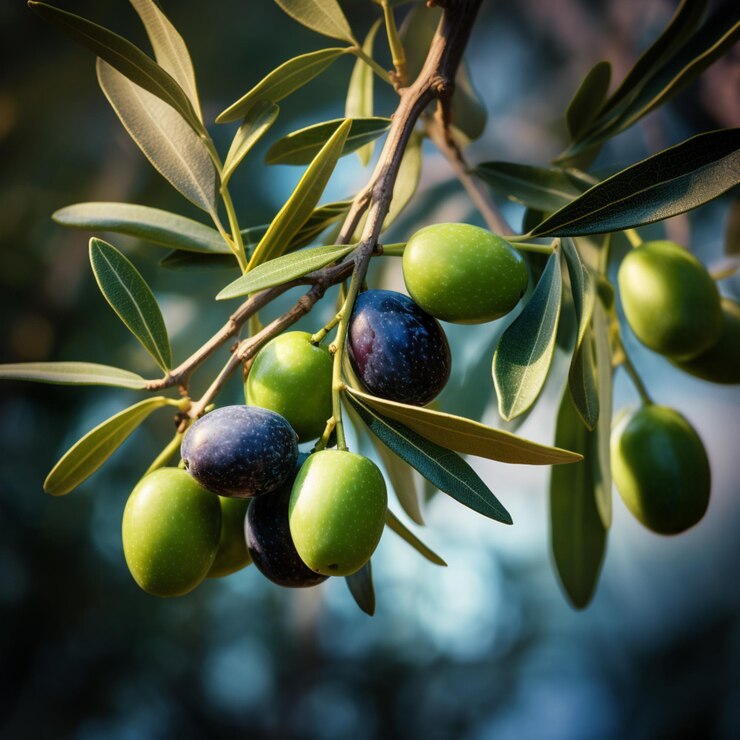 Foto en primer plano de una rama de un olivo con aceitunas en un fondo de cultivo
