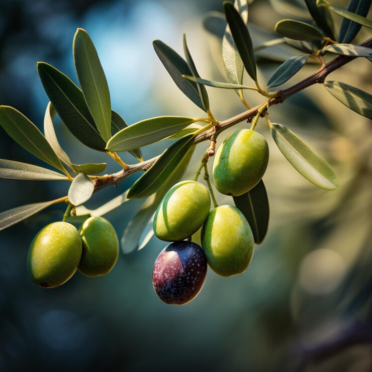 Foto en primer plano de una rama de un olivo con aceitunas en un fondo de cultivo