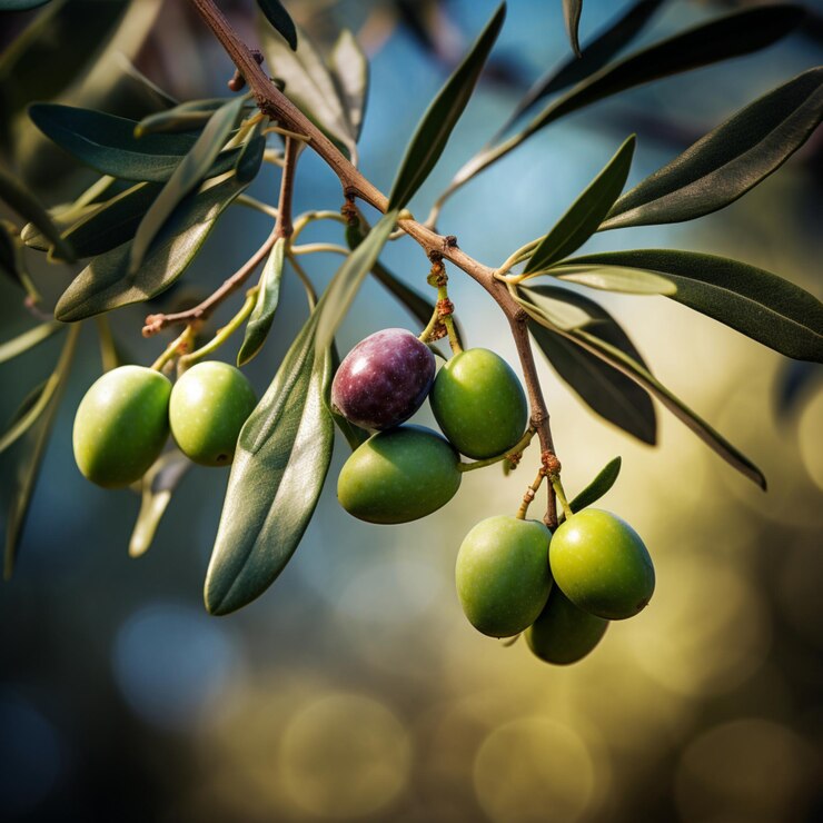 Foto en primer plano de una rama de olivo con aceitunas en un fondo de granja con comida saludable al atardecer