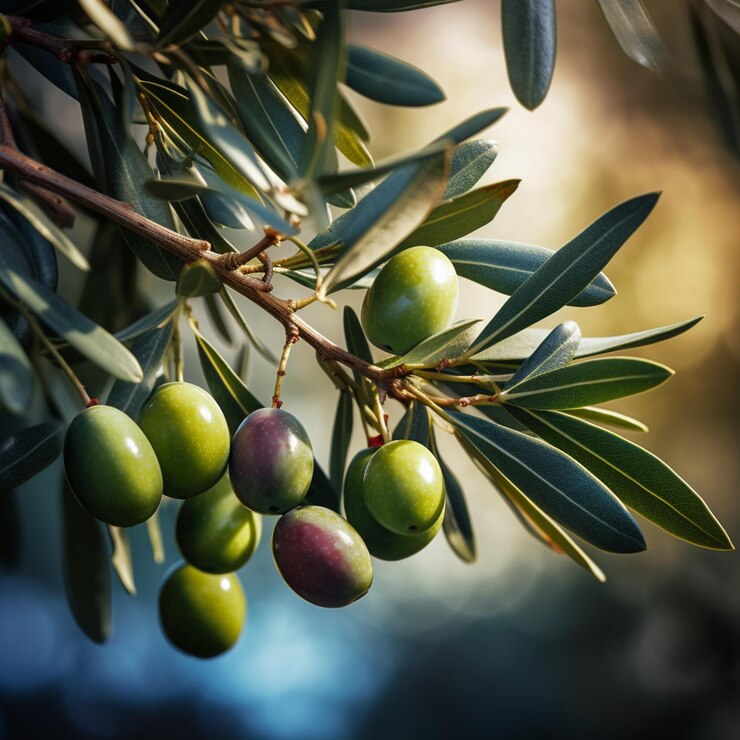 Foto en primer plano de una rama de un olivo con aceitunas verdes