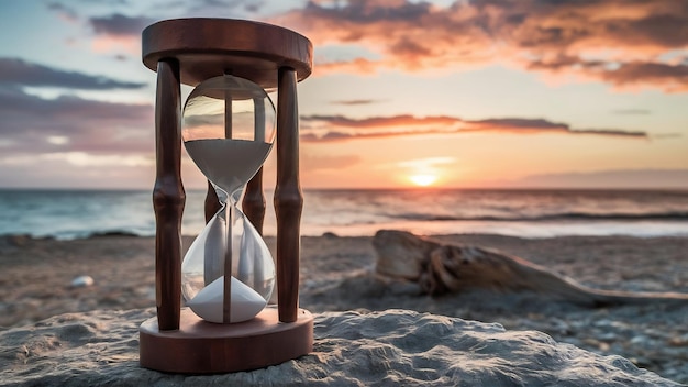 Foto foto en primer plano de un reloj de arena de madera en la playa foto de alta calidad