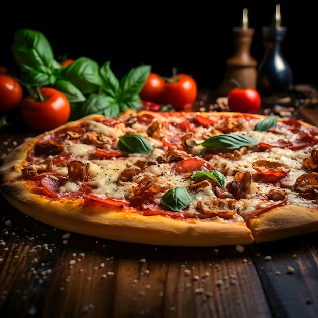 Foto en primer plano de una sabrosa pizza con tomates en la mesa del restaurante Alta calidad