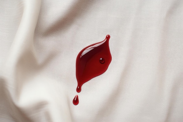Foto en primer plano de sangre roja fresca con coágulo y mancha sobre tela de algodón blanco. Puede ser una toma horizontal.