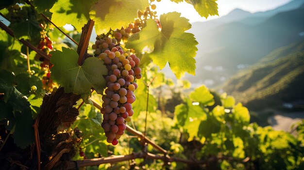 Foto foto de primer plano de sidd de montaña cubierta de vid y uvas en un rayo de sol